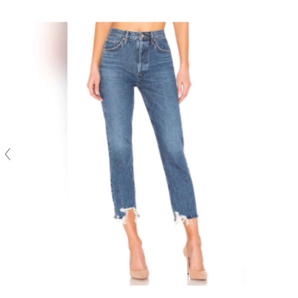 Agolde Riley High Rise Crop Jeans in Veto Blue frayed hem button fly || size 28